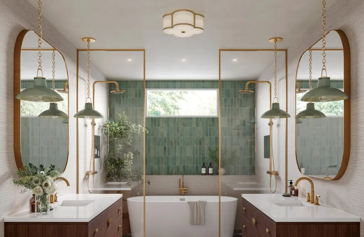 Elegant bathroom with dual vanities, a freestanding tub, and green tiled showers. Learn how to hang a bathroom mirror in this stylish space.