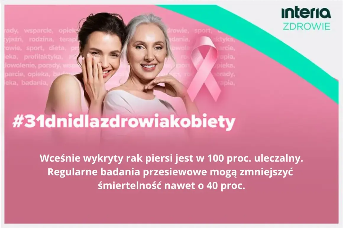 Dwie kobiety, młodsza szepcze do ucha starszej. Różowa wstążka symbolizuje walkę z rakiem. BIRADS 4a okazał się rakiem, ale wczesne wykrycie ratuje życie.
