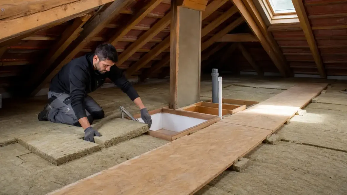 Uomo che posiziona pannelli isolanti per come isolare il sottotetto fai da te. L'ambiente è un sottotetto con travi in legno e lucernario.