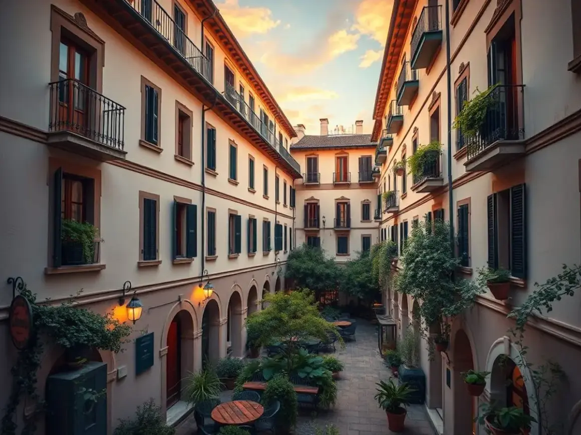 Cortile interno con case di ringhiera, balconi fioriti e tavolini all'aperto. Un'atmosfera serale accogliente.