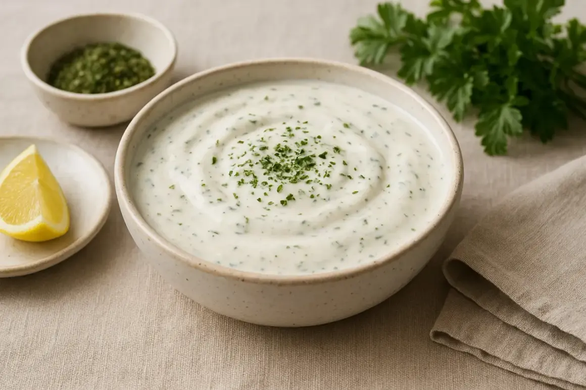 En skål med krämig ranch dressing, garnerad med persilja. En citronklyfta och en skål med torkade örter syns bredvid.