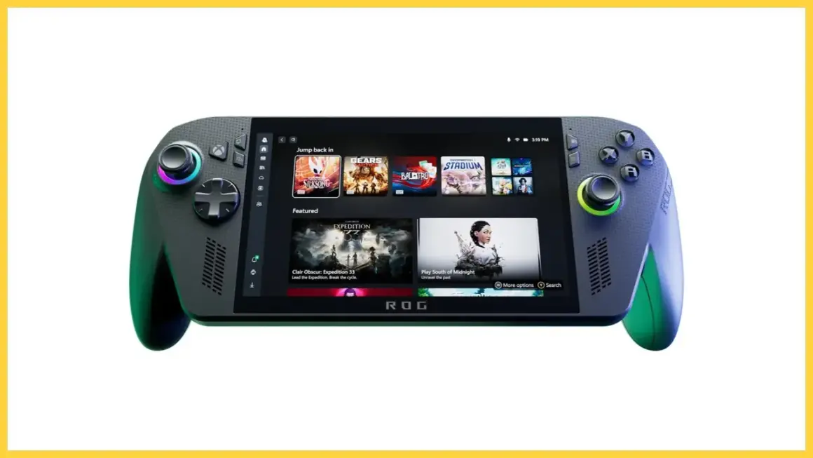 ROG Ally X, przenośna konsola do gier, prezentuje interfejs z grami Xbox.