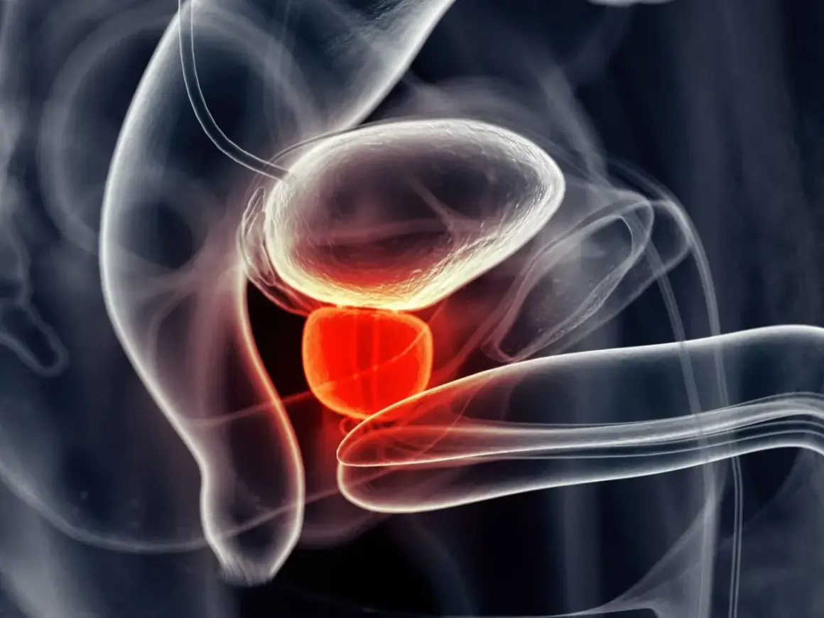 Anatomical illustration of male urinary system, highlighting inflamed prostate causing przerywane oddawanie moczu u mężczyzn.