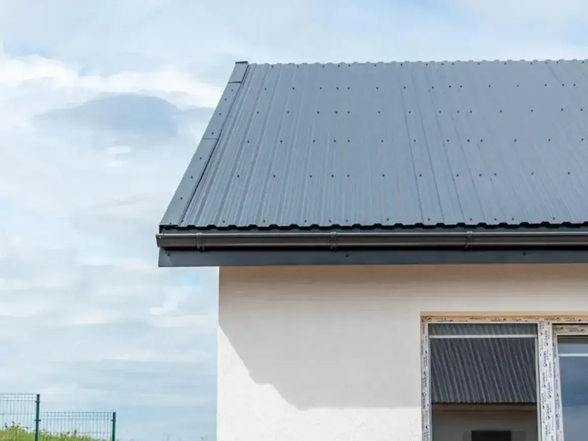 Nowy dach z szarej blachy trapezowej, zamontowany na domu. Montaż blachy trapezowej zakończony sukcesem, budynek gotowy na każdą pogodę.