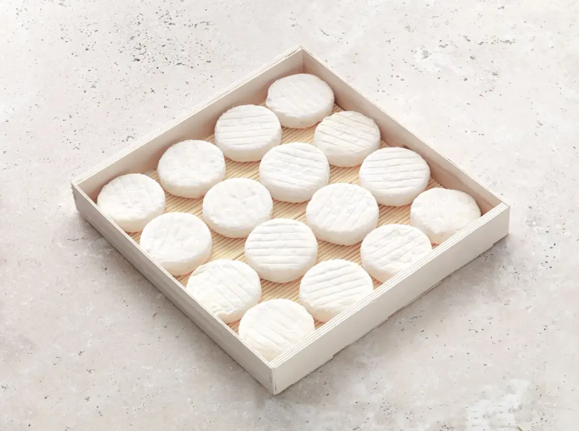 Un plateau en bois présente une rangée de petits fromages ronds, évoquant l'origine du saint marcellin fromage.
