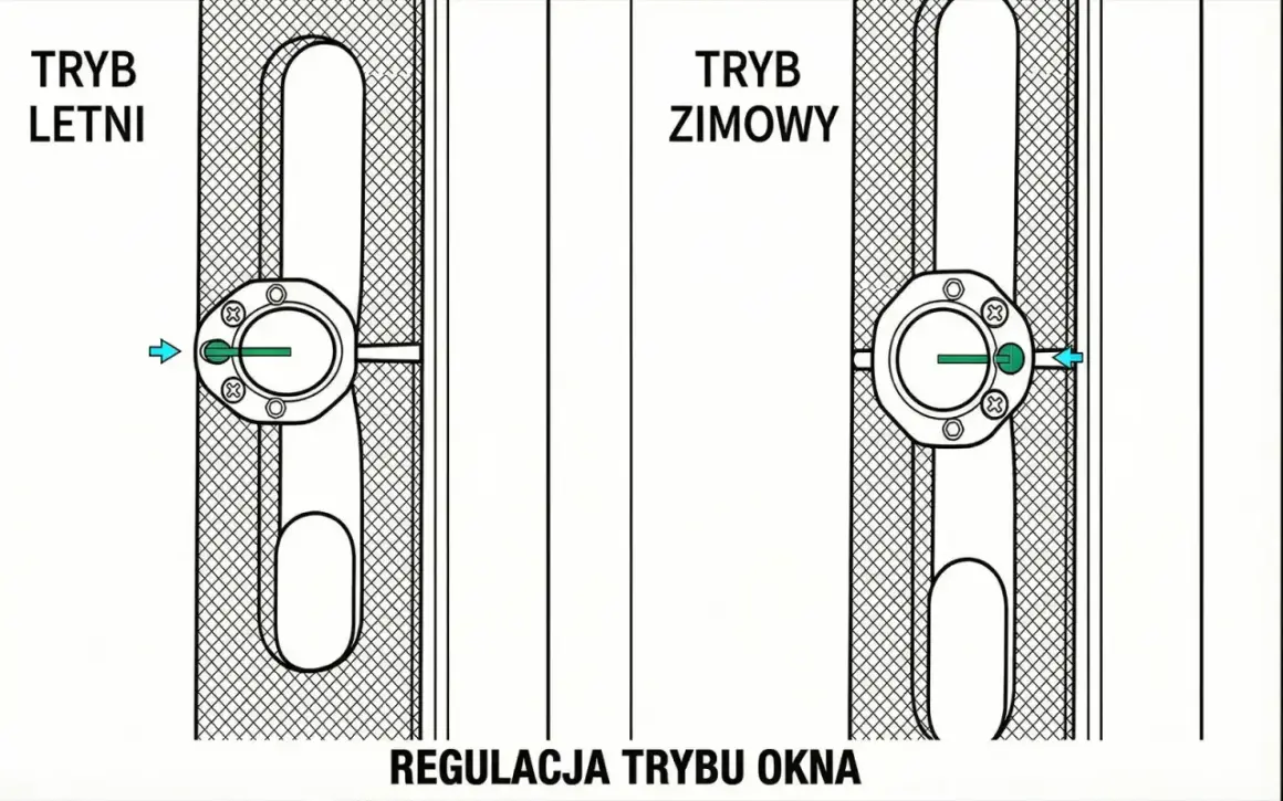 Ilustracja pokazuje, jak wyregulować okno: tryb letni i zimowy. Pokrętło z zieloną kropką wskazuje pozycję.