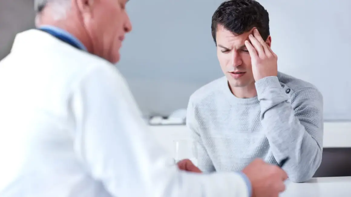Ein Mann mit Kopfschmerzen spricht mit einem Arzt. Die Diagnose: ein gutartiger hirntumor.