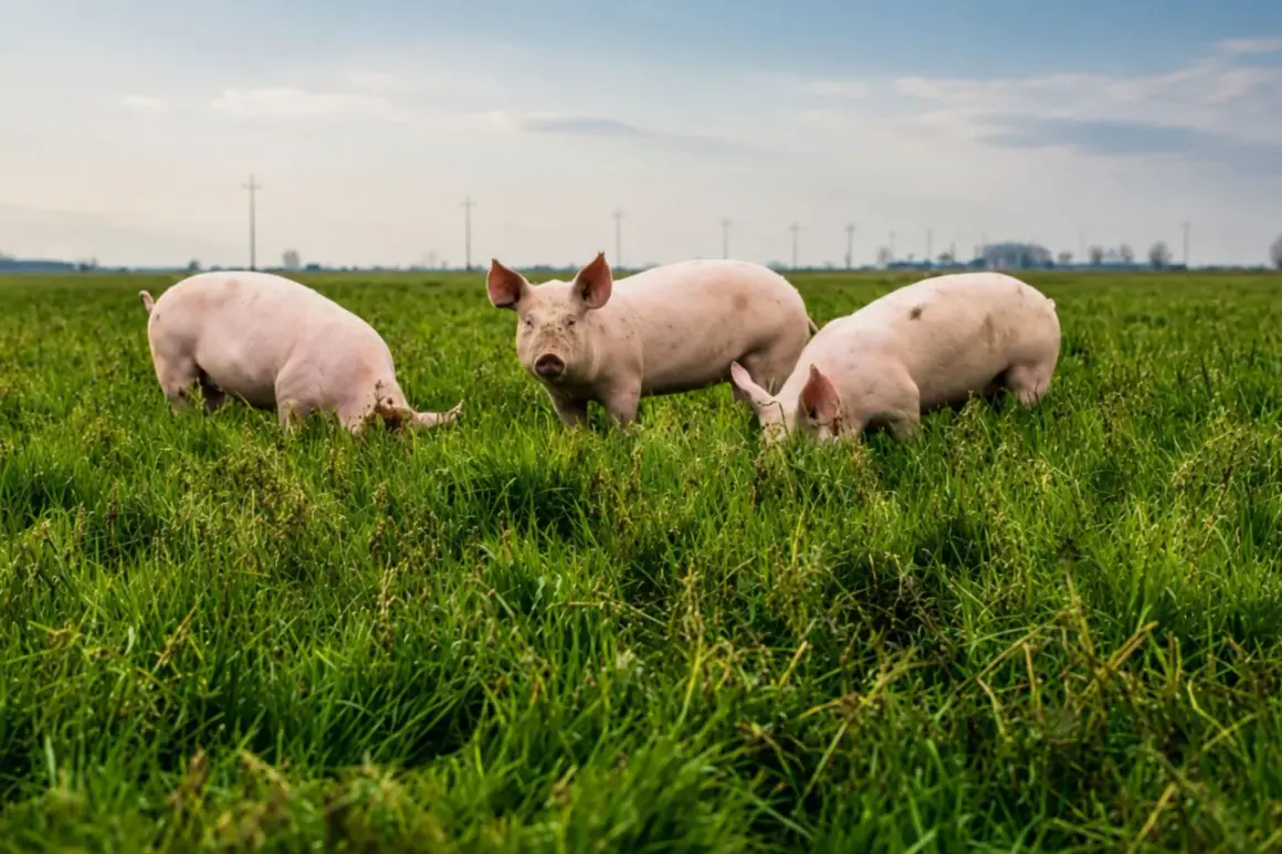 Tre maiali rosa pascolano in un prato verde. Un allevamento biologico che garantisce benessere animale.