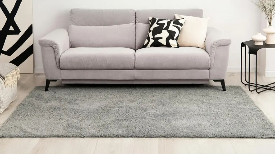 Grauer Hochflorteppich vor einem Sofa. So reinigen Sie Ihren langflorigen Teppich für ein frisches Zuhause.