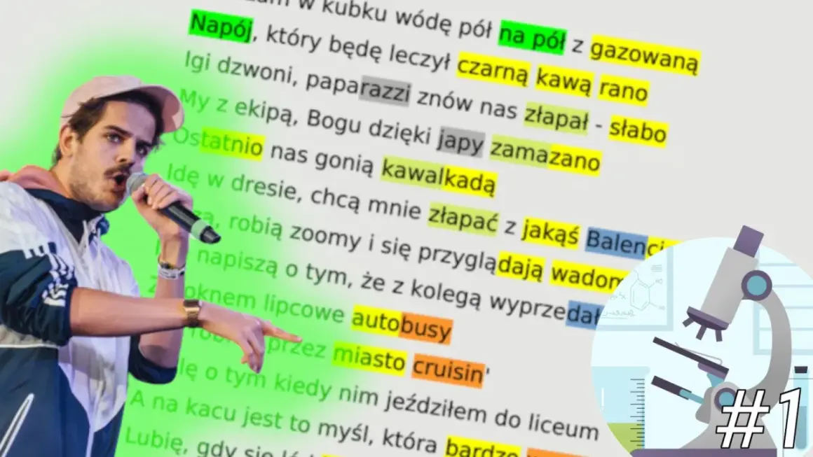 Raper z mikrofonem na tle tekstu piosenki. Czy to limeryk? Nie, to tekst utworu, który analizuje naukowiec z mikroskopem.