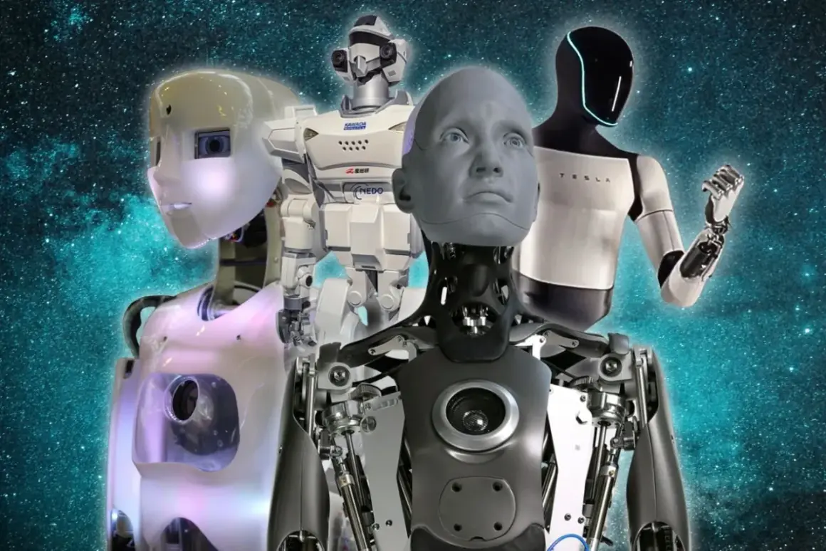 Różnorodne roboty humanoidalne, od futurystycznych po bardziej mechaniczne, prezentują przyszłość technologii.