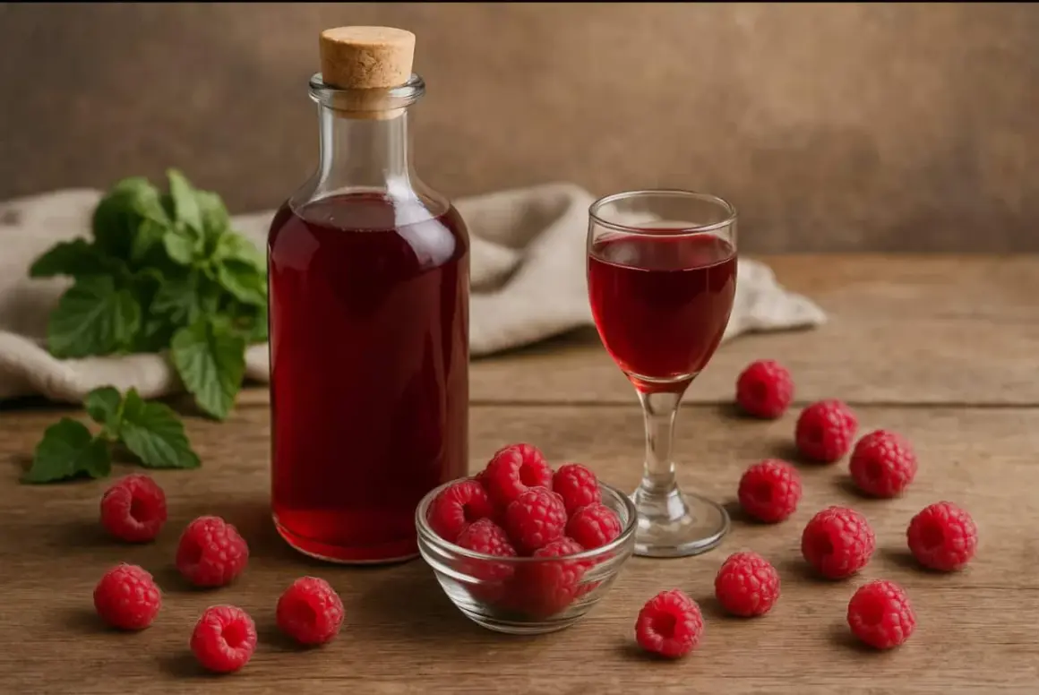 Butelka i kieliszek z malinowym likierem, przypominającym Chambord, otoczone świeżymi malinami i listkami mięty.
