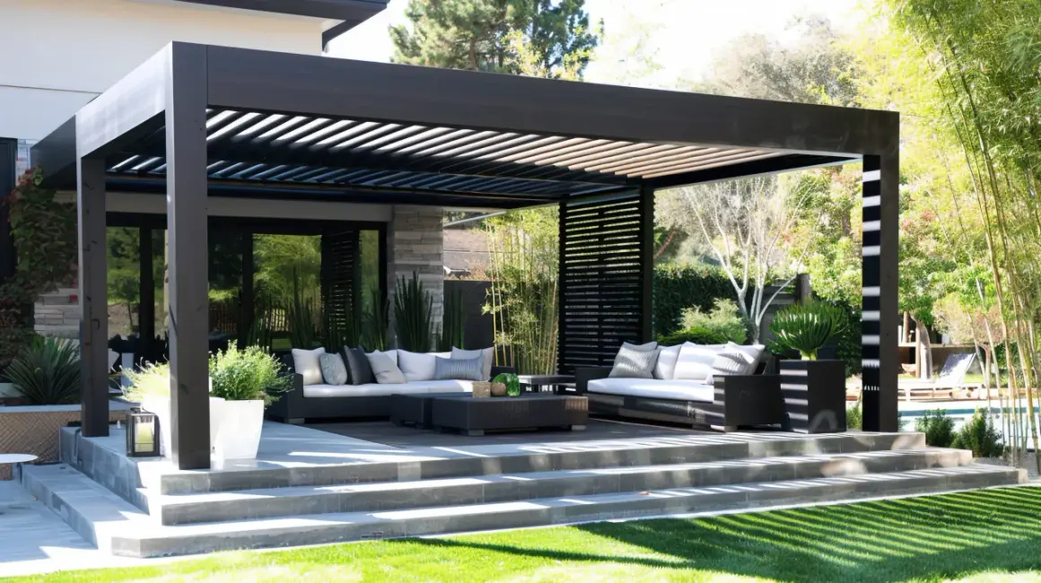 Nowoczesna, czarna pergola przed wejściem do domu, z wygodnymi sofami i stolikami, tworzy idealne miejsce do relaksu na świeżym powietrzu.
