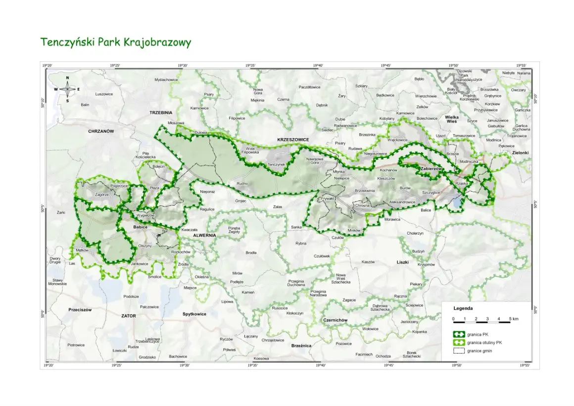 Mapa Tenczyńskiego Parku Krajobrazowego z zaznaczonymi szlakami pieszymi i granicami.