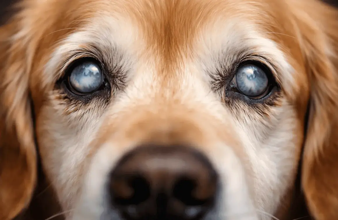 Primer plano de los ojos de un perro dorado con cataratas, mostrando la opacidad azulada.