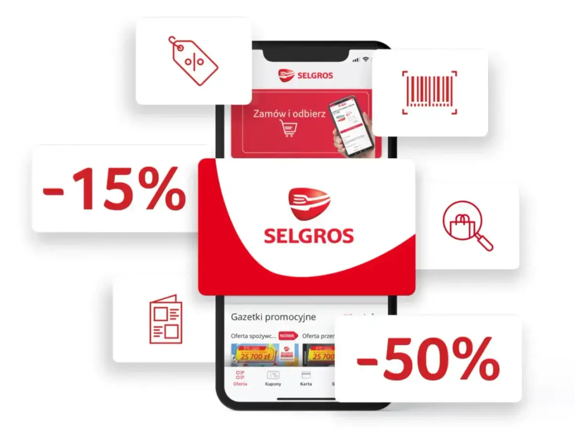 Odkryj promocje i zniżki w aplikacji Selgros. Zamawiaj wygodnie i odbieraj zakupy. -15% i -50% to tylko początek!