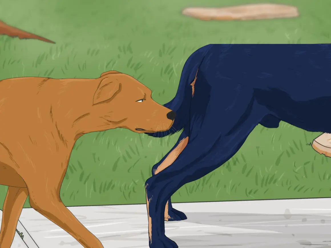 Un chien brun renifle l'arrière d'un chien bleu. Le chien bleu semble un peu surpris par cette saillie chien inexpérimenté.