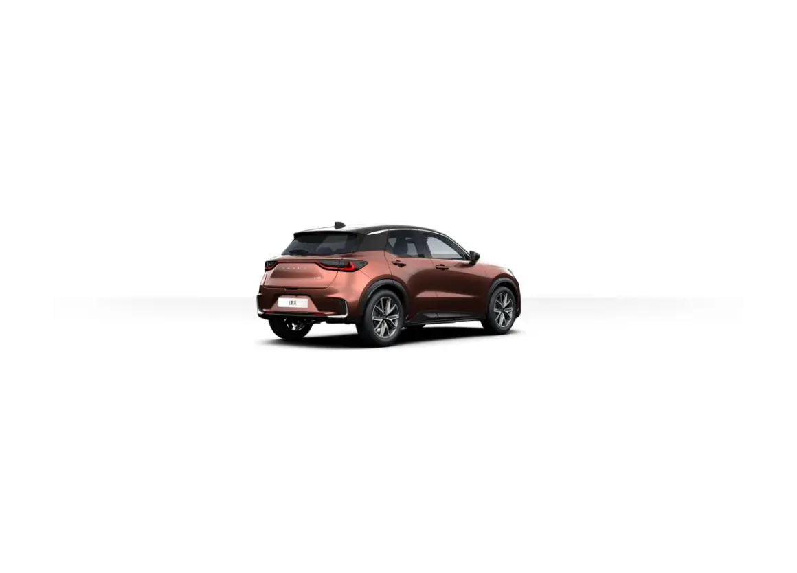 Brązowy Lexus LBX z czarnym dachem, widok z tyłu. Poznaj jego kompaktowe lexus lbx wymiary, idealne do miasta.