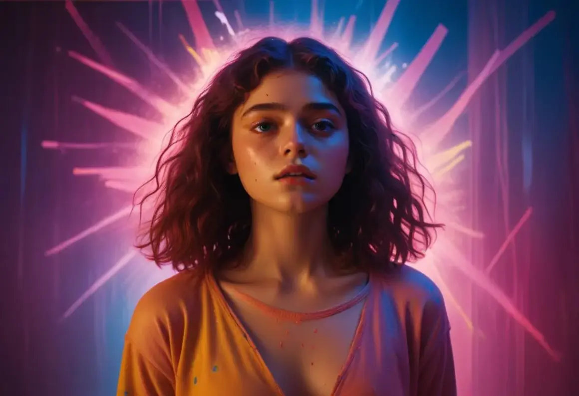 En ung kvinna med lockigt hår badar i neonljus, en känsla av ren euphoria rollista.