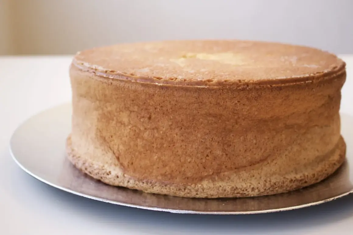En gyllene tårtbotten, perfekt för ett tårtbotten recept 3 delar. Den ser fluffig och redo att dekoreras ut.