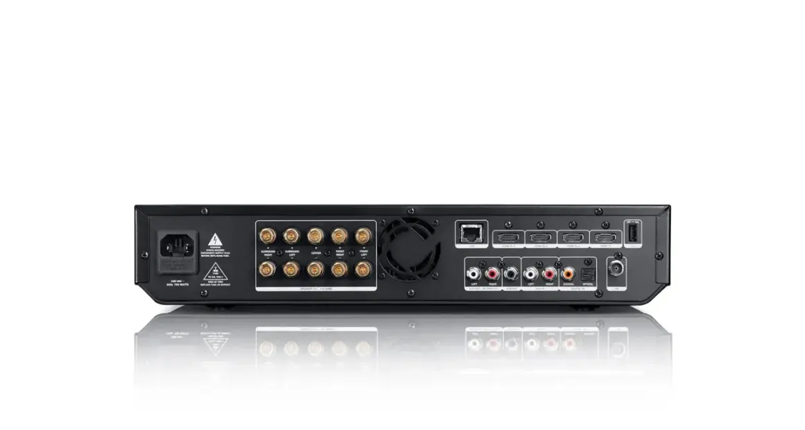 Tył amplitunera z licznymi złączami, w tym HDMI, LAN, coaxial, optical. Dowiedz się, jak podłączyć TV do amplitunera bez HDMI, korzystając z tych portów.