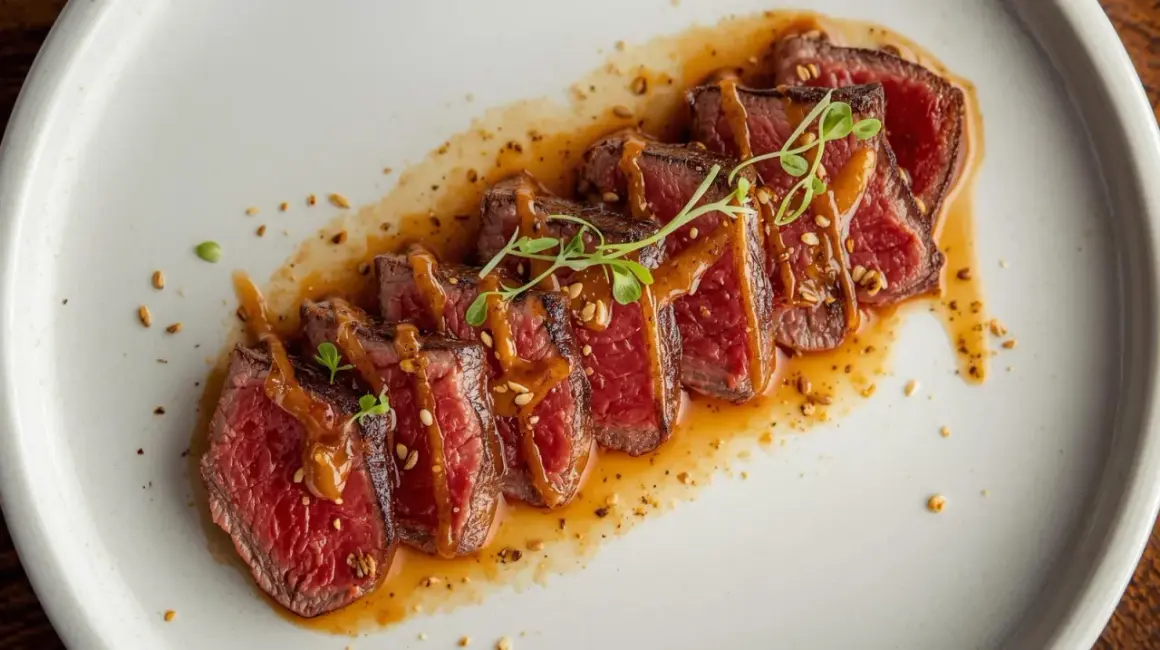 Tataki de ternera jugoso, cortado en finas lonchas y bañado en una salsa dorada con semillas. Un bocado exquisito.
