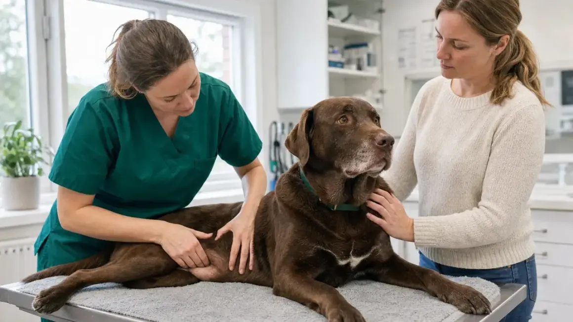 Veterinär undersöker en brun hund med svullen mage. Ägaren tröstar hunden som dricker mycket.