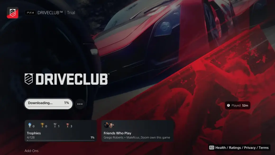 Driveclub PS Plus kostenlos: Download läuft, 1% Fortschritt. Ein Rennspiel-Erlebnis wartet!