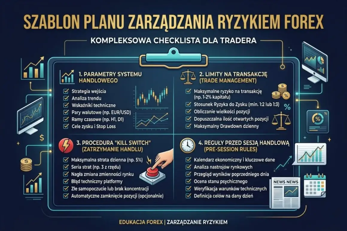 Plan zarządzania ryzykiem na Forex: jak zacząć trading? Checklistę tworzą: parametry systemu, limity transakcji, procedura "kill switch" i reguły przed sesją.