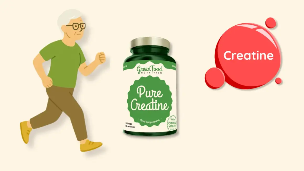 Un anziano corre energico accanto a un barattolo di "Pure Creatine". La creatina scade? No, se assunta regolarmente per mantenersi attivi.