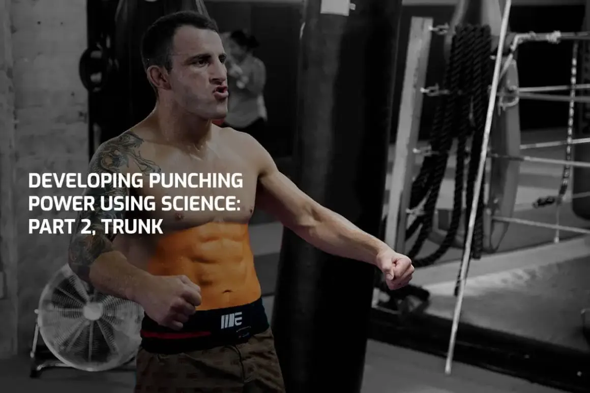 A boxer with chiseled boxer abs, mid-punch, in a gym. Text overlay: "Developing Punching Power Using Science: Part 2, Trunk.
