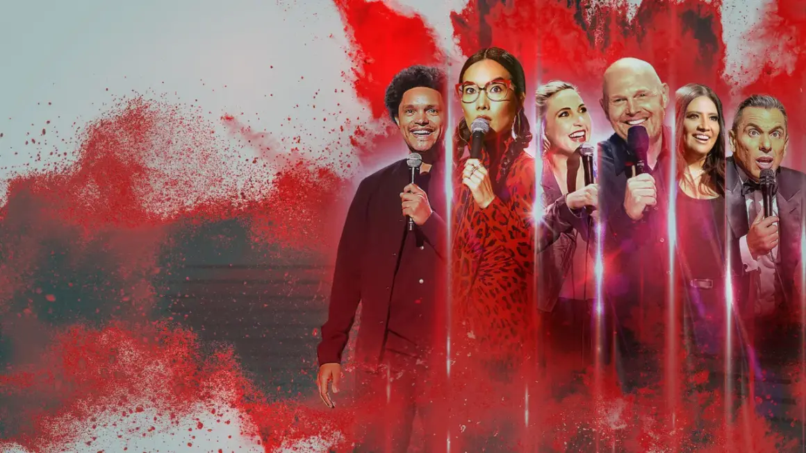 Grupa amerykańskich komików stand up, w tym Trevor Noah, Bill Burr i inni, gotowi rozbawić publiczność.
