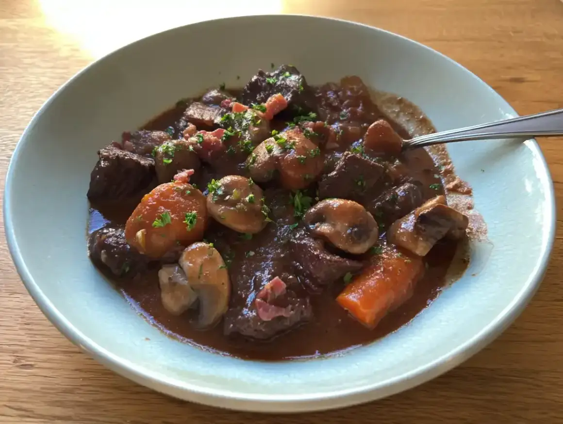 En mustig boeuf bourguignon med möra köttbitar, champinjoner och morötter i en djup rödvinssås, toppad med persilja.