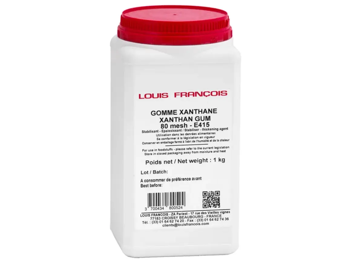 Un pot de gomme xanthane Louis François, 1kg. C'est quoi la gomme xanthane ? Un épaississant alimentaire E415.
