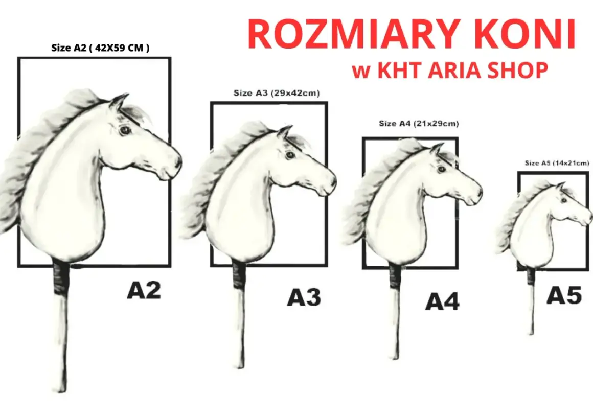 Różne rozmiary koni w formie rysunku. Wzór konia prezentowany w rozmiarach A2, A3, A4 i A5.