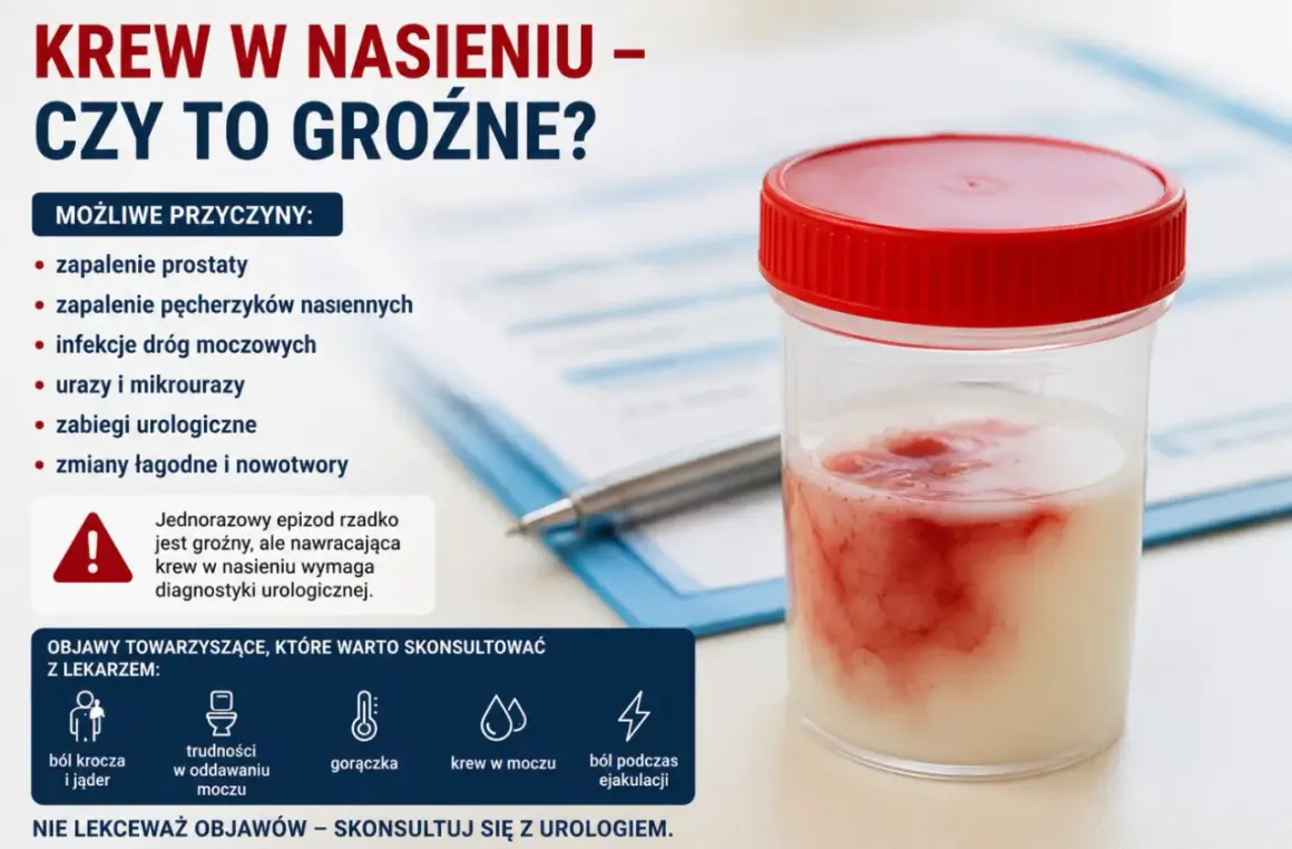 Pojemnik z próbką nasienia z widoczną krwią. Informacje o przyczynach i objawach krwi w spermie.