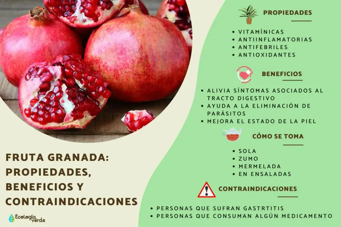 Granada fruta: entera y partida, mostrando sus jugosas semillas rojas. Información sobre sus propiedades, beneficios y cómo consumirla.