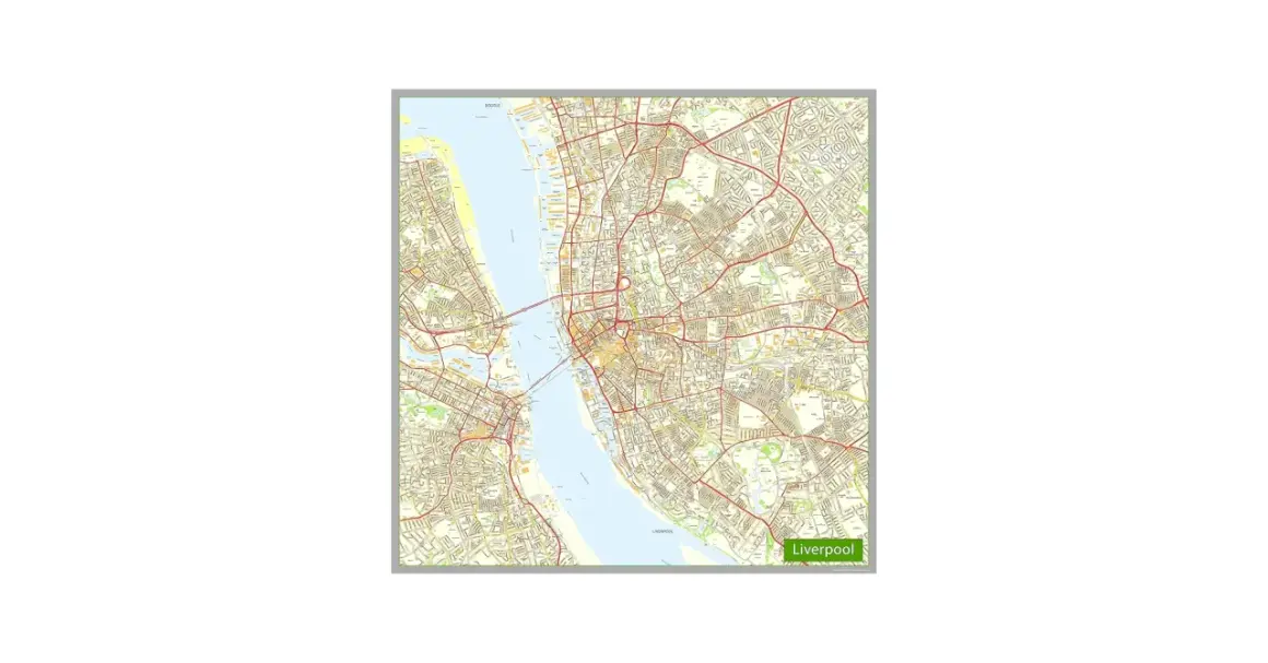 Mapa drogowa miasta, pokazująca rzekę i sieć ulic. Widać napis "Liverpool", co odpowiada na pytanie: gdzie jest Liverpool.