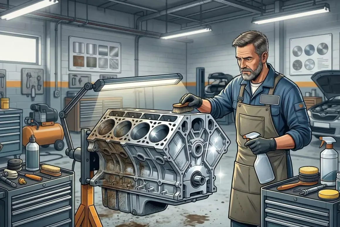 Mechanik pokazuje, czym wyczyścić aluminium, szczotkując blok silnika. W warsztacie widać narzędzia i środki czyszczące.