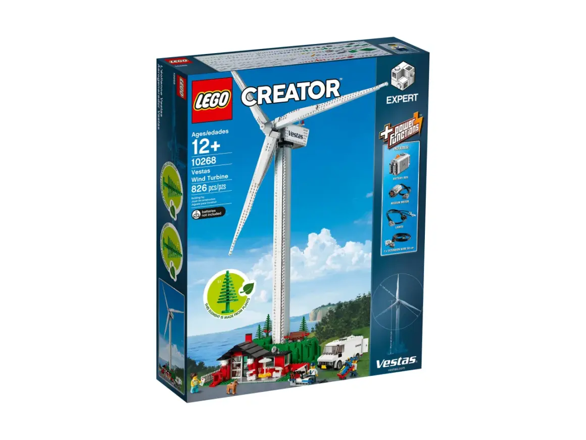 Zestaw LEGO Creator Expert przedstawia imponującą **lego turbinę wiatrową** Vestas, która może być zbudowana z 826 elementów.