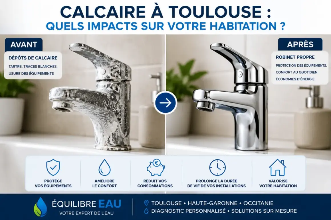 Robinet entartré avant, propre après. L'eau calcaire, un danger pour votre habitation, cause usure et traces.