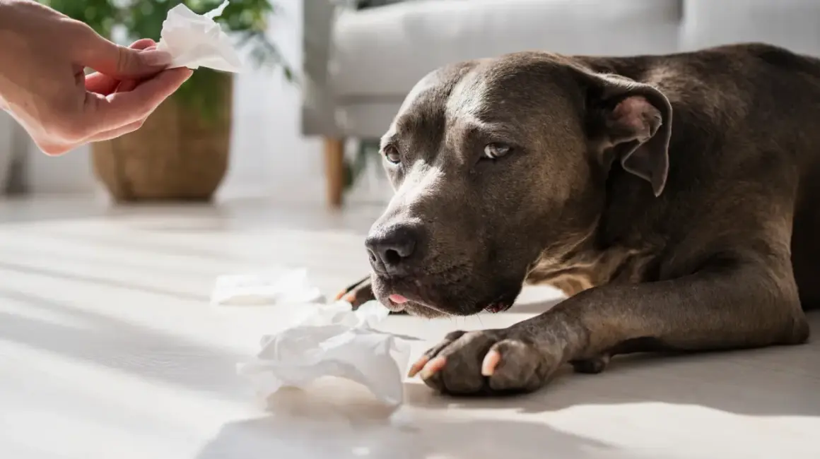 Perro con aspecto triste y pañuelos de papel esparcidos, quizás por parainfluenza canina.
