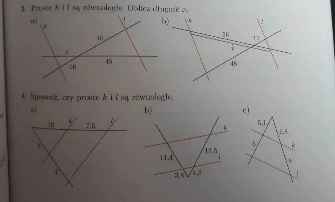 Rysunki geometryczne z zadaniami dotyczącymi prostych równoległych i ich długości.