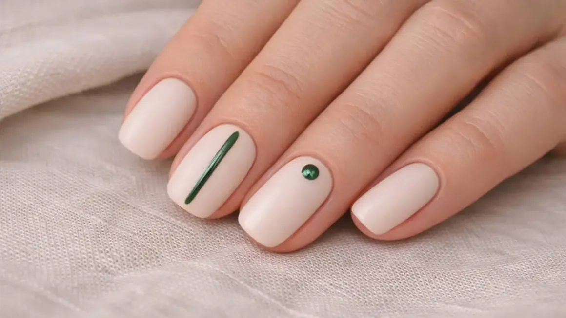 Manicure minimalista con smalto nude, una linea verde e un cristallo. L'estetista unghie ha creato un look elegante.