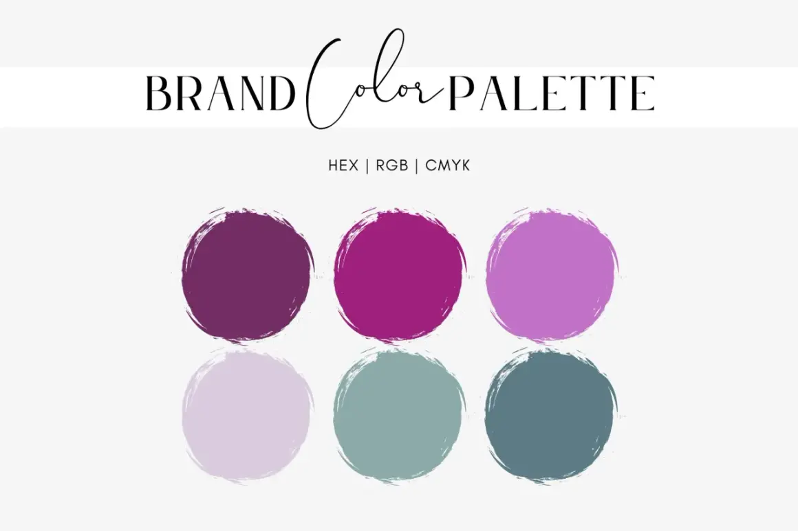A brand color palette featuring a lavender color wheel and complementary shades.