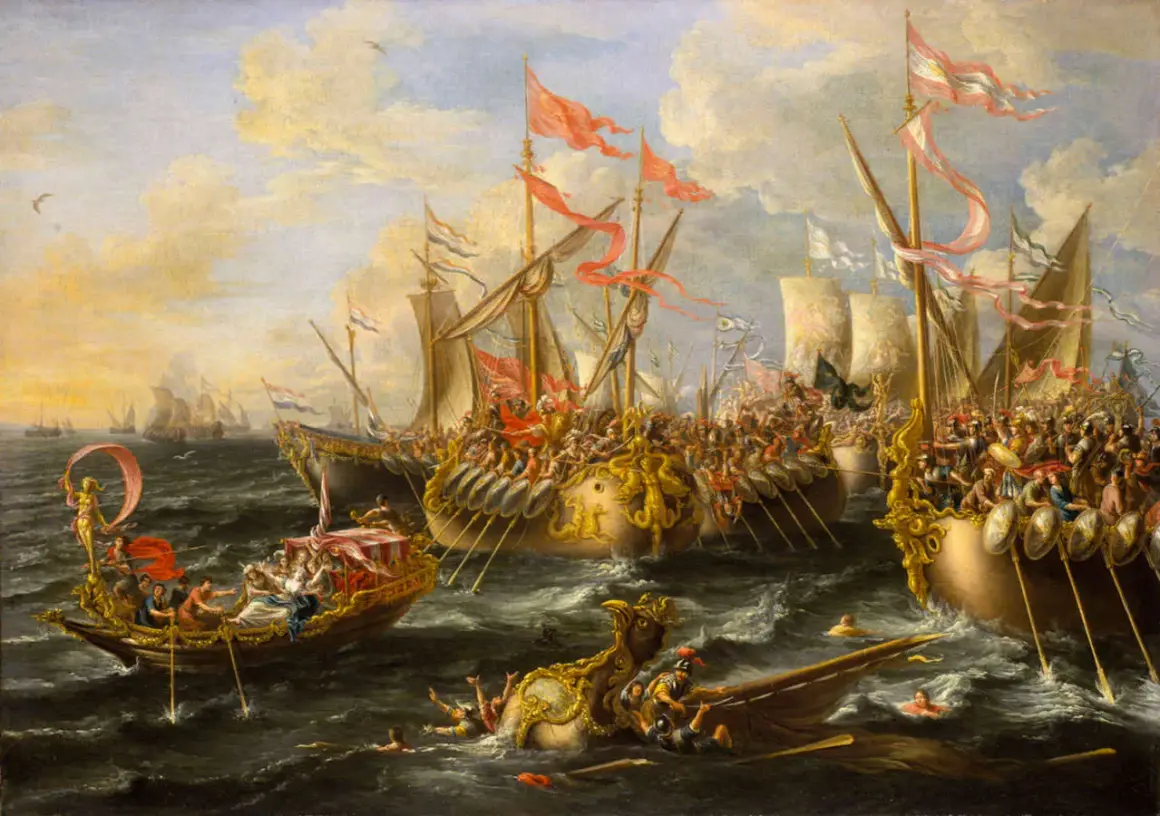 La batalla de Accio en pleno apogeo. Galeras y naves de guerra se enfrentan en un mar agitado, con soldados y remos en acción.