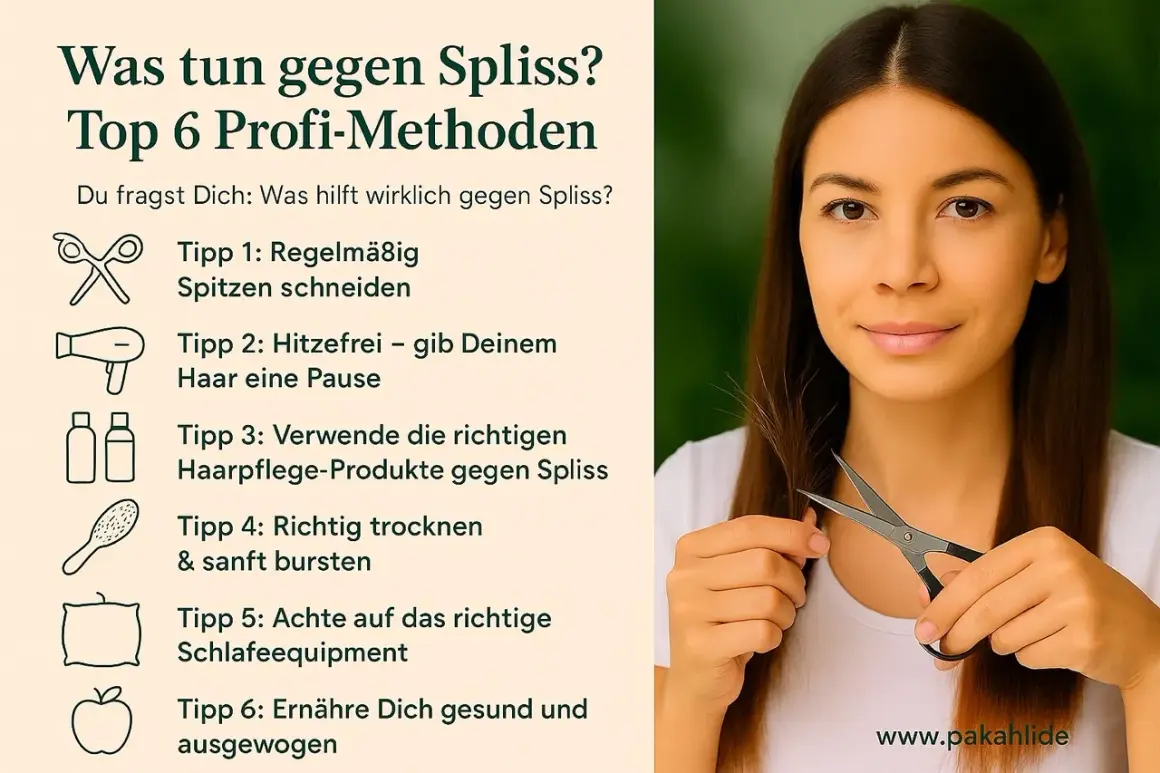 Frau schneidet sich die Spitzen, um Spliss zu bekämpfen. Tipps gegen Spliss: regelmäßiges Schneiden, Hitzefrei, richtige Pflegeprodukte, sanftes Trocknen, Schlaf-Equipment, gesunde Ernährung.