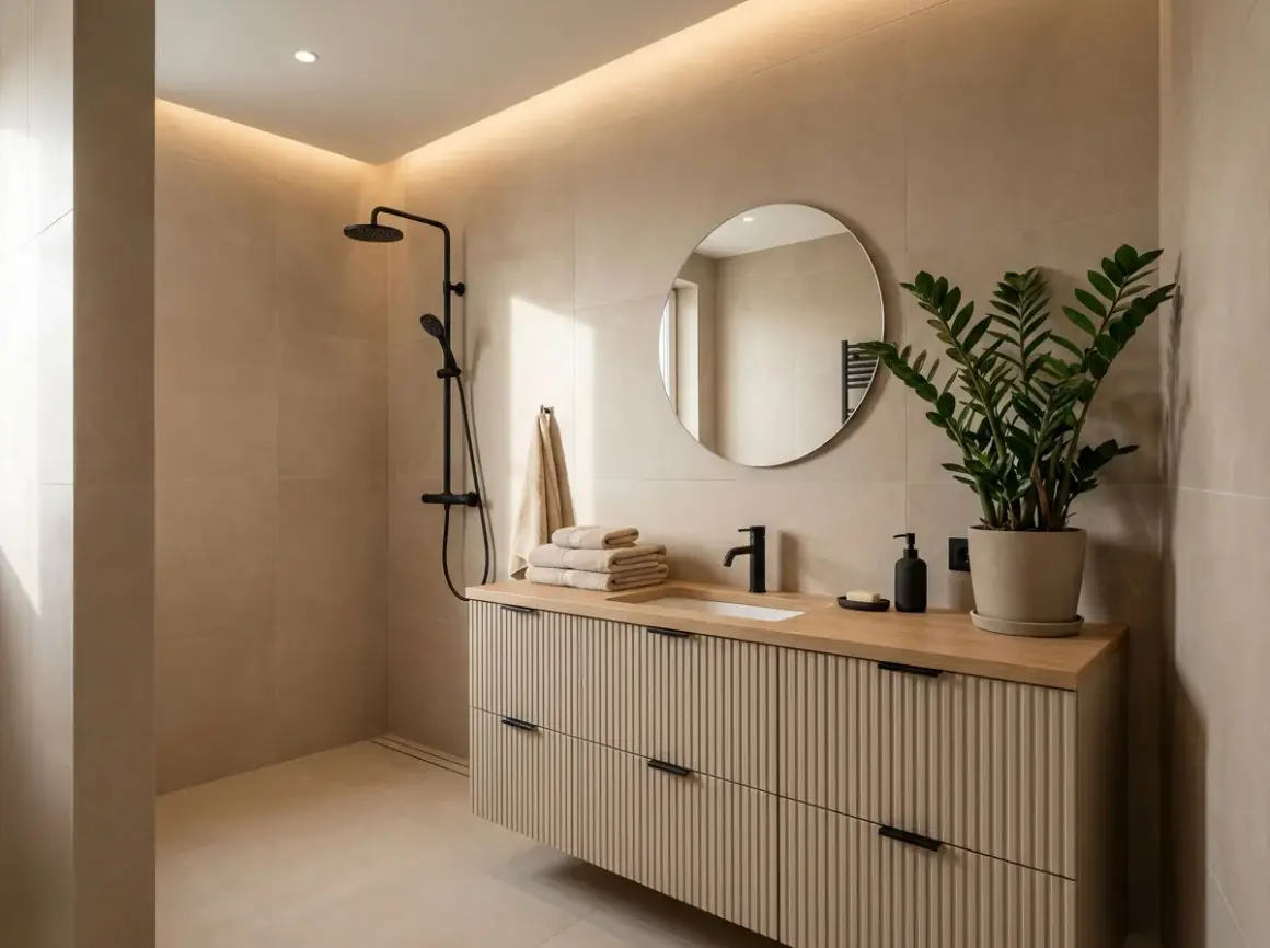 Łazienka z beżowymi płytkami, drewnianą szafką i czarną armaturą. Naturalne odcienie, jak te na ręcznikach, idealnie podkreślają elegancję, podobnie jak kolor pasuje do kaszmiru.