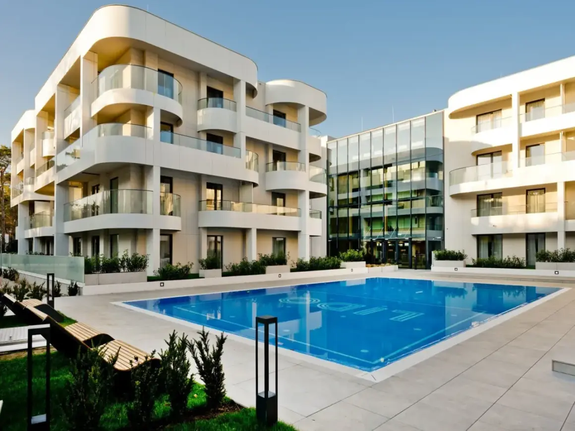 Nowoczesny hotel Lido w Juracie z basenem i tarasami.