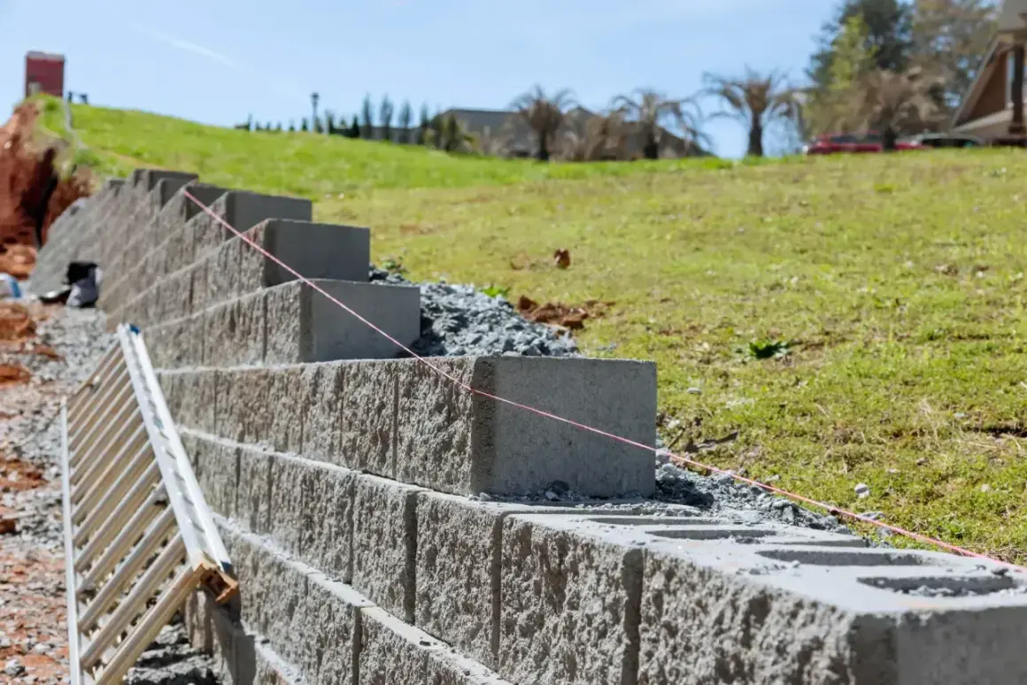 Budowa muru oporowego z bloczków betonowych na zboczu. Widać drabinę i sznur budowlany.